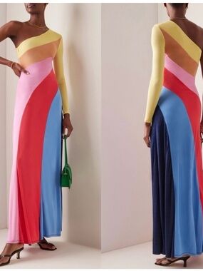 STAUD Serena Maxi Dress sz: M Warm Capri Multi Colorblock One-shoulder Long